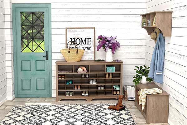 Cheap DIY Mudroom Idea with Shoe Cubby Console, Coat Rack and Storage Bench by Entryway