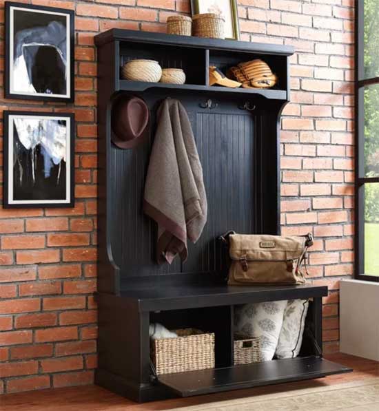 Crosley Seaside Hall Tree in Distressed Black Wood, with Cubbies, Coat Hooks and Seat Bench
