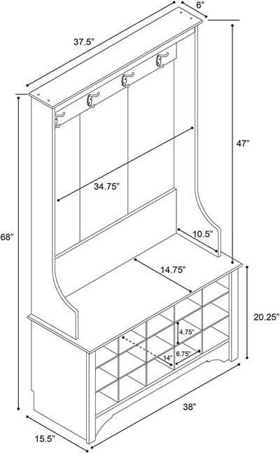 Hall Tree Dimensions with Shoe Cubbies