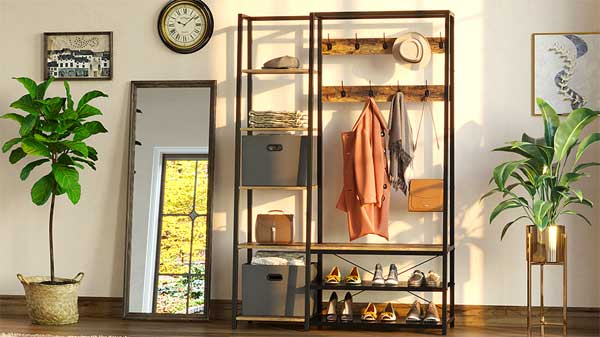 Industrial Shoe and Coat Rack with Shelves, Hooks and Bench