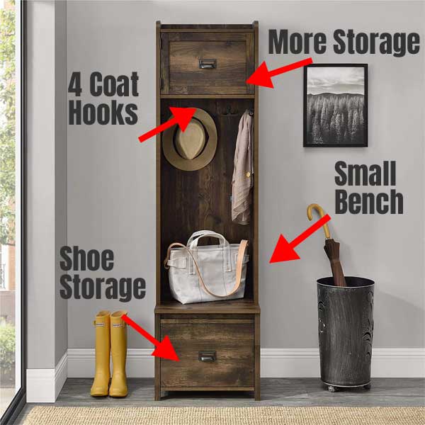 Mudroom Cabinet Features: Drawer, Coat Hooks Show Storage, Bench