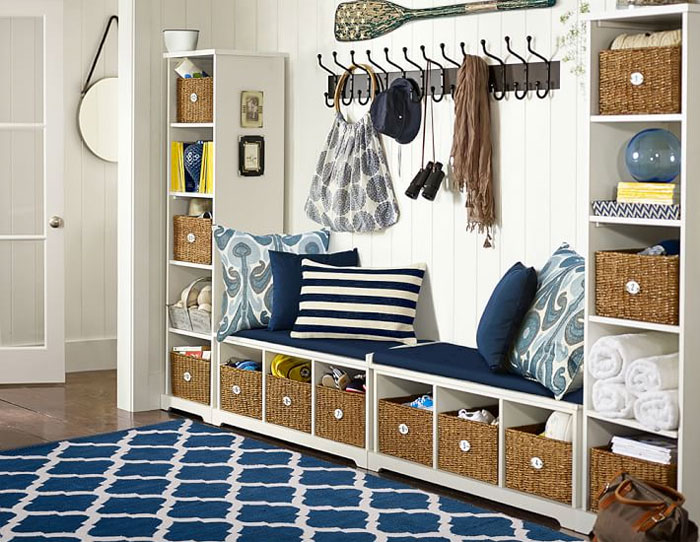 Mudroom Design Idea Out of Bookshelves, Benches and Hooks