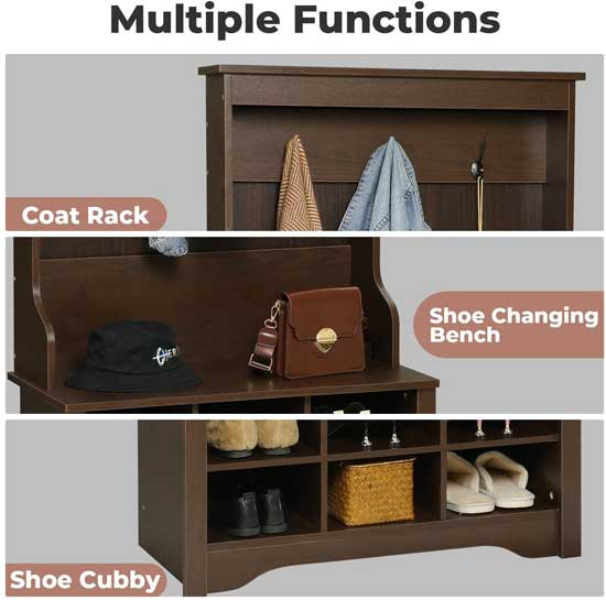 Multifunctional Hall Tree with Shoe Storage, Coat Hooks and Bench