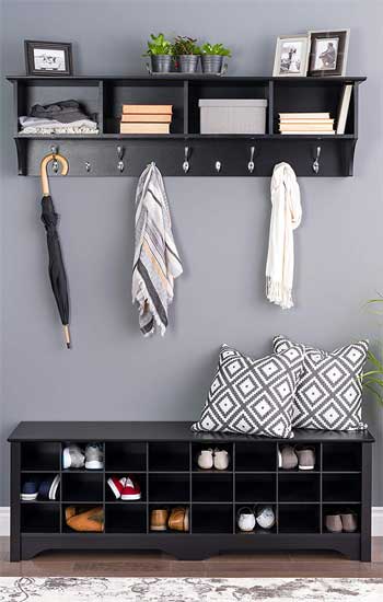 Prepac Shoe Cubby Bench with Matching Coat Rack Shelf