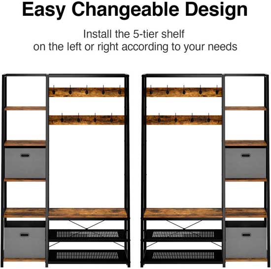 Reversible Industrial Hall Tree - Assemble with Shelves on Right or Left Side