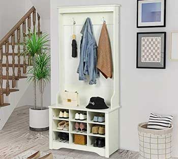 Slim White Hall Tree with Coat and Shoe Storage, Blends into Whie Wall Behind it to Make Entryway Look More Spacious